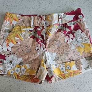 Red and Yellow Bermuda Shorts with Tropical Print